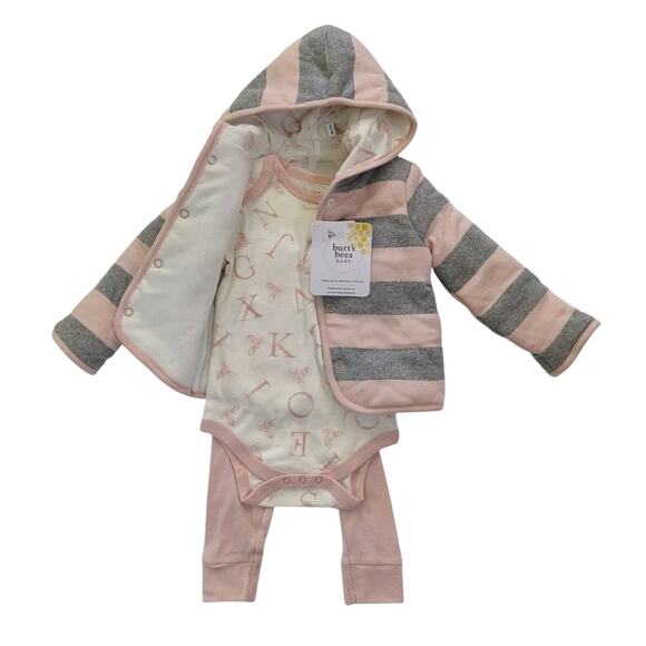 Burt’s Bees Baby Girl Set 3 Pc Jumpsuit Hooded Jacket Pants 6 9 Months Organic - Picture 1 of 6